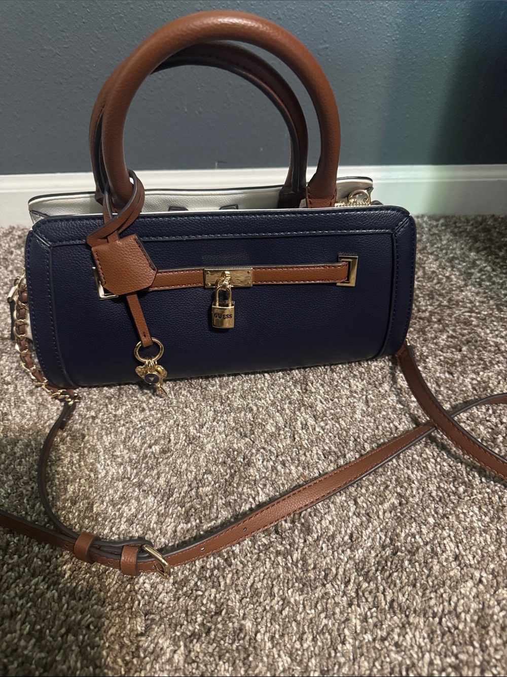 Guess Navy and Brown Cylindrical Crossbody Satchel
